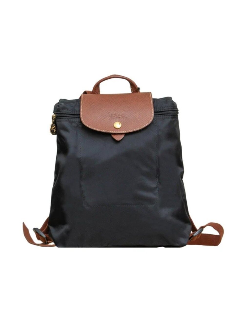 Longchamp Le Pliage Black Backpack Brown Leather Trim